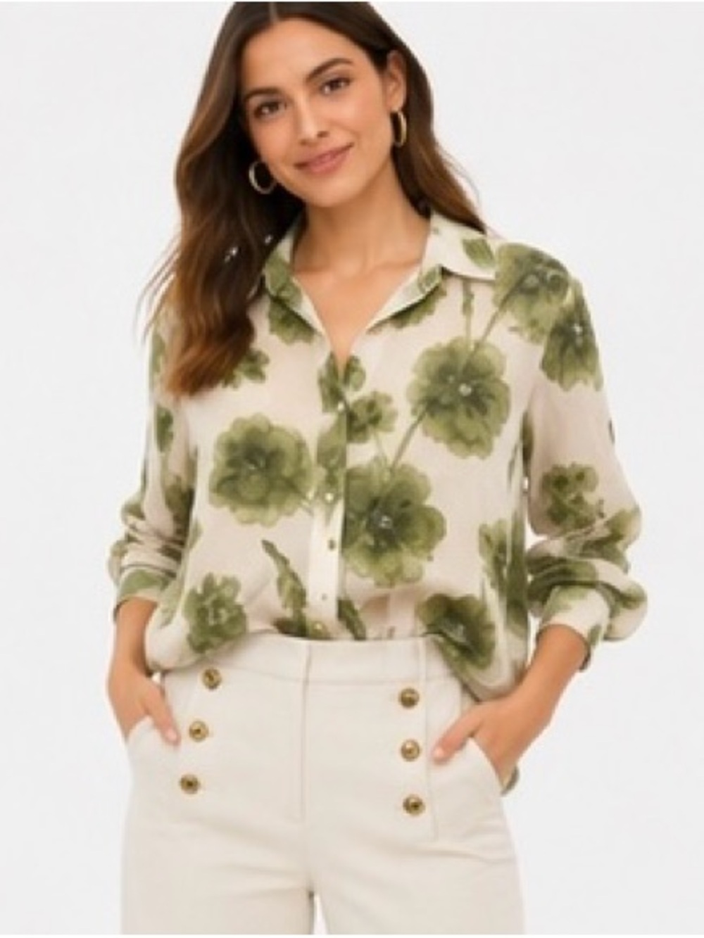 Zara Watercolor Floral Button-Up Blouse | Size XS | Olive Green Print
